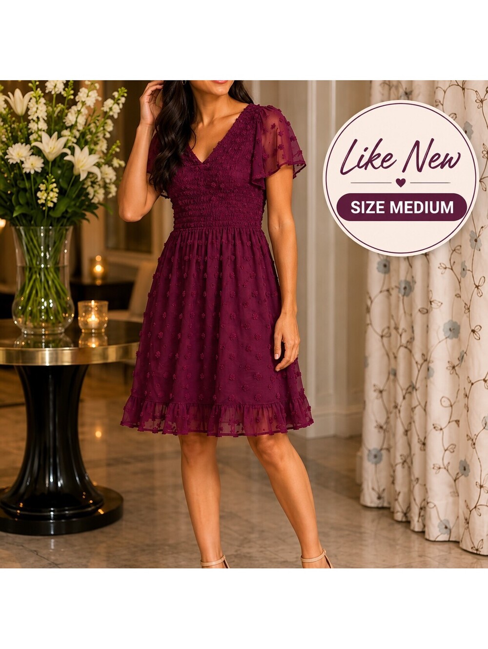 Like New | Sz M | Burgundy Smocked Lace Short Sleeve Dress